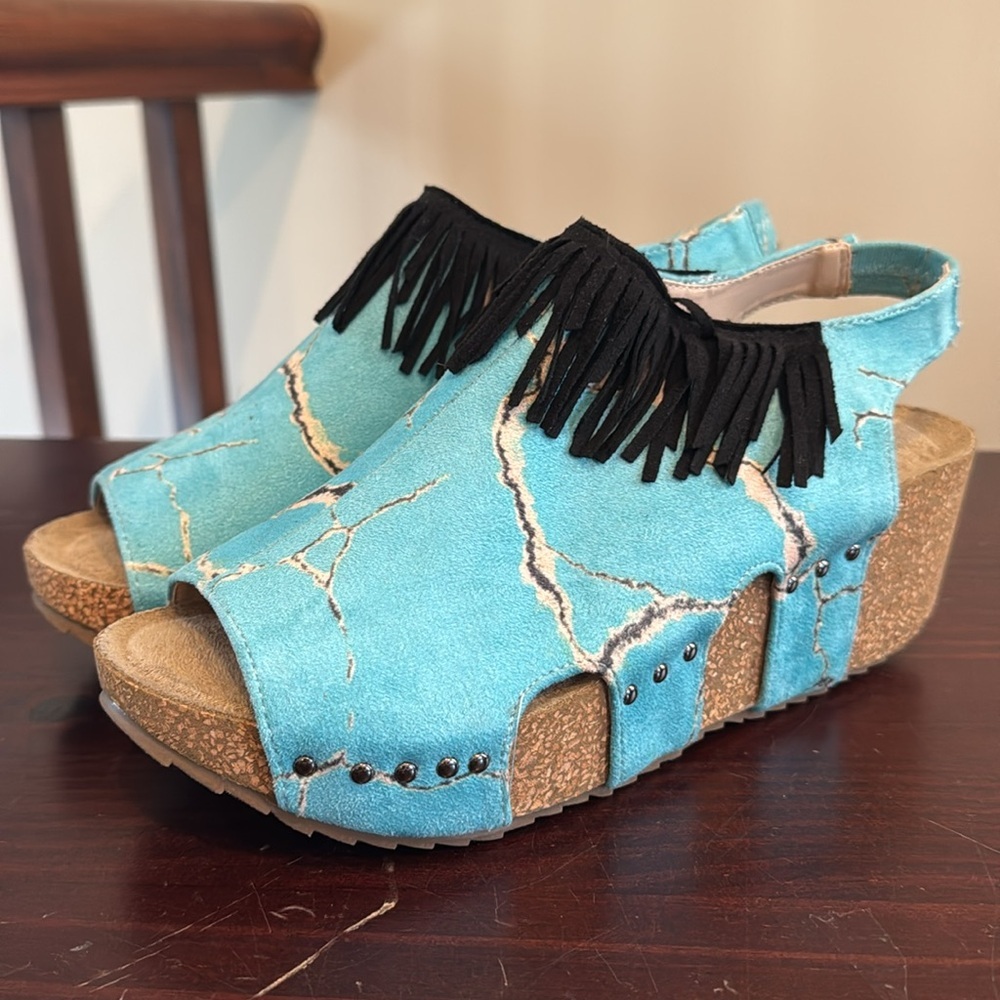 Crazy Train Turquoise stone fringe wedge platform faux suede sandals 9 - Picture 2 of 14